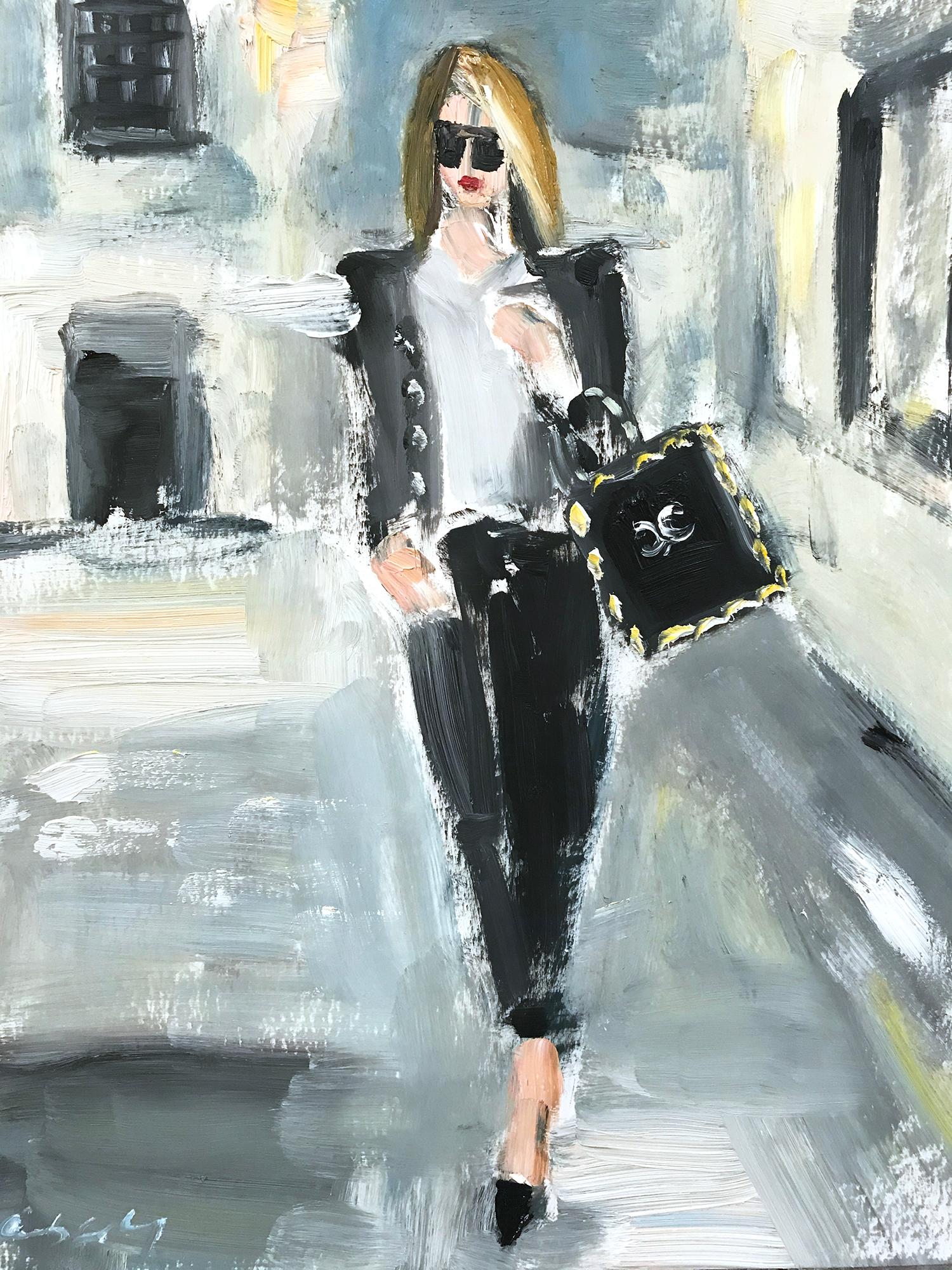 Cindy Shaoul Figurative Painting - "Stepping Out in New York" Figure wearing Chanel NYC Oil Painting on Paper