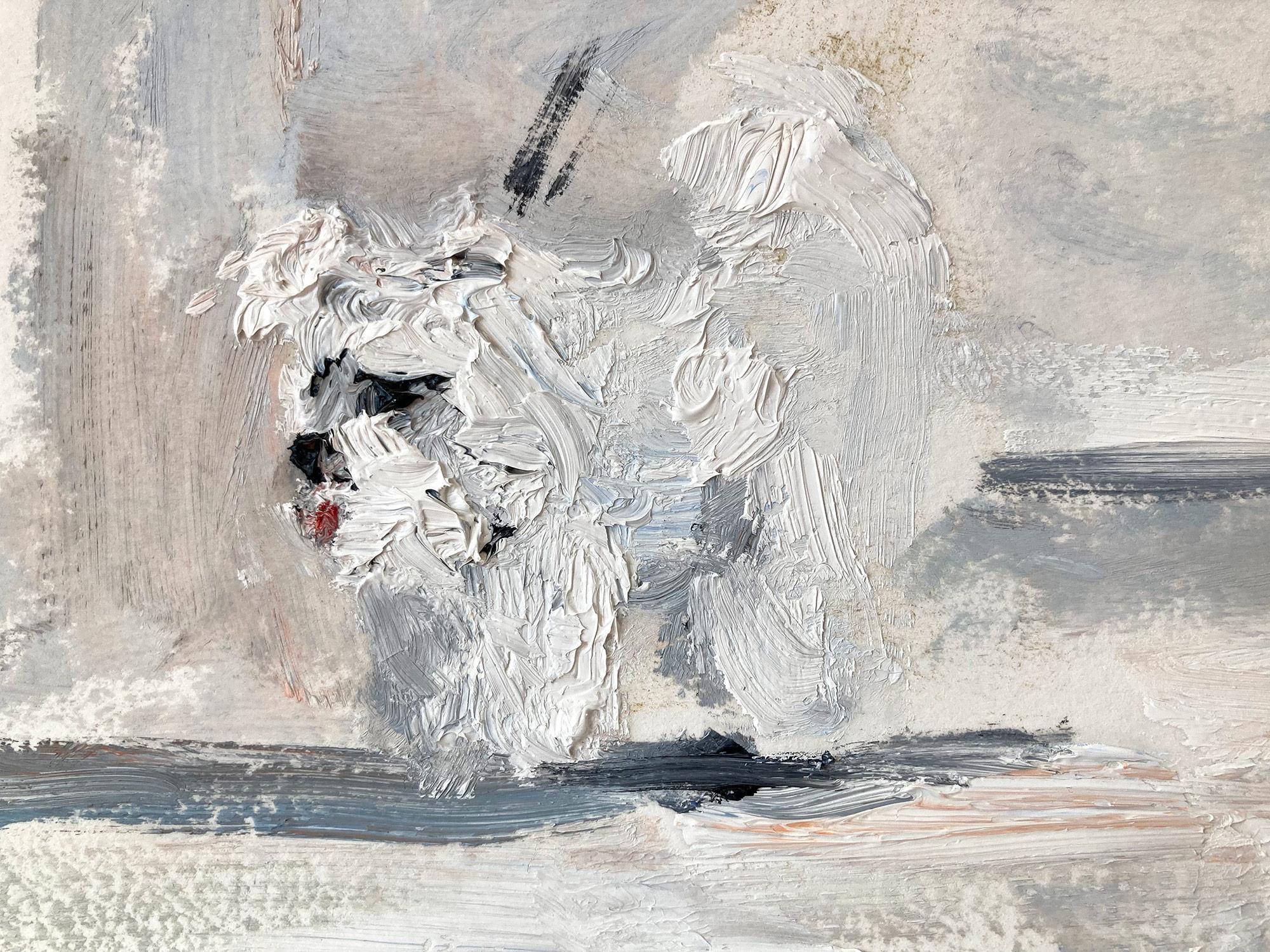 „Stepping Out in NYC“ Figur beim Spaziergang mit Hund in Soho, Ölgemälde auf Papier im Angebot 4