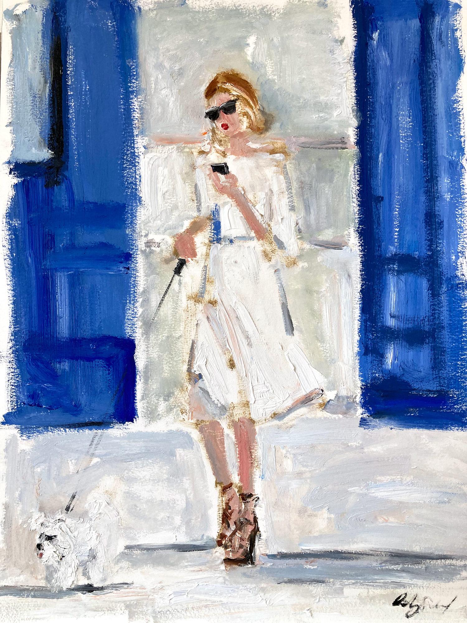 Cindy Shaoul Figurative Painting – „Stepping Out in NYC“ Figur beim Spaziergang mit Hund in Soho, Ölgemälde auf Papier