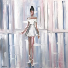 « Stepping Out in Paris » - Figure portant Chanel à Paris - Peinture à l'huile sur toile