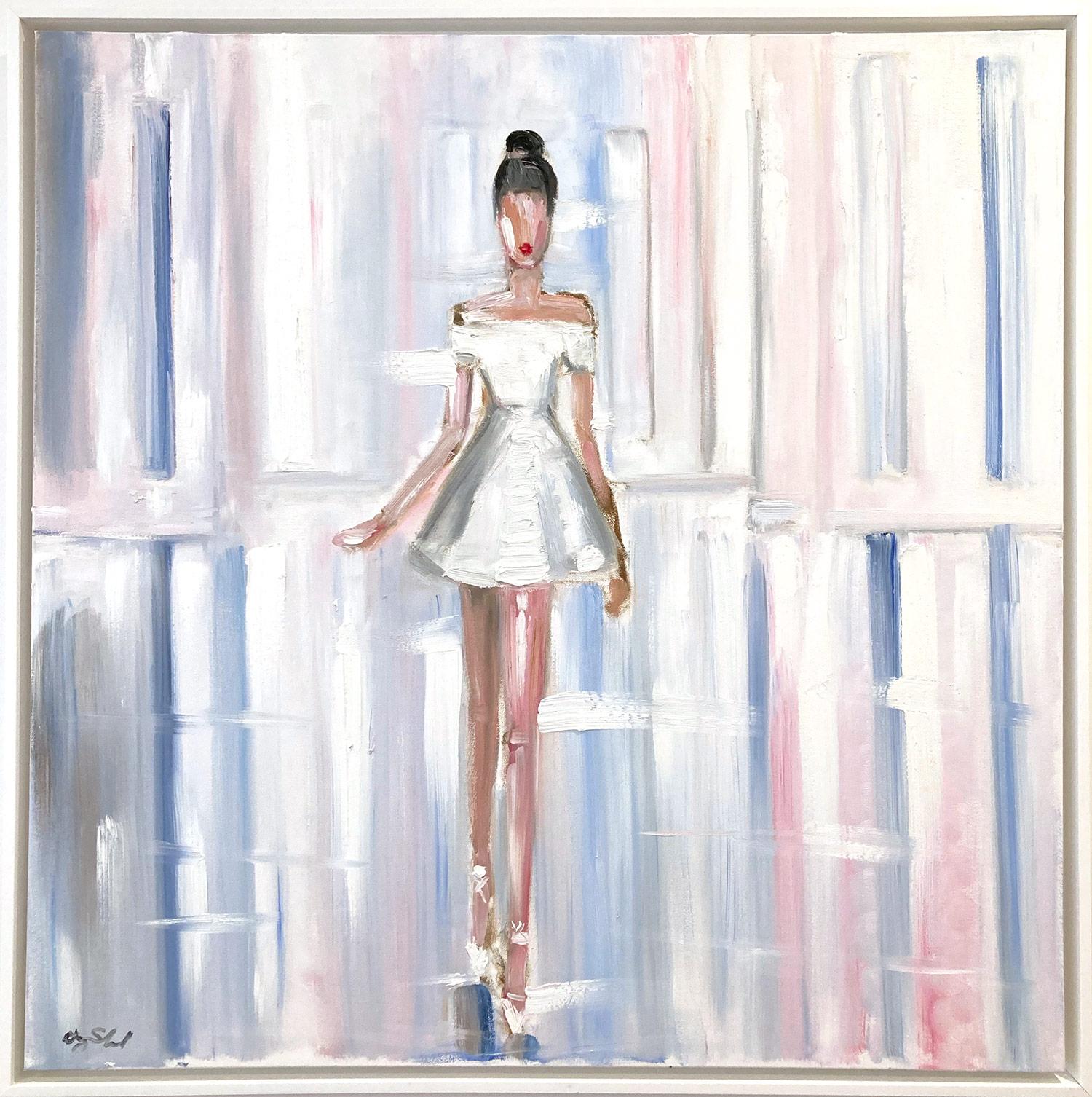 Cindy Shaoul Figurative Painting - "Stepping Out in Paris" Figure wearing Chanel in Paris Oil on Canvas Painting