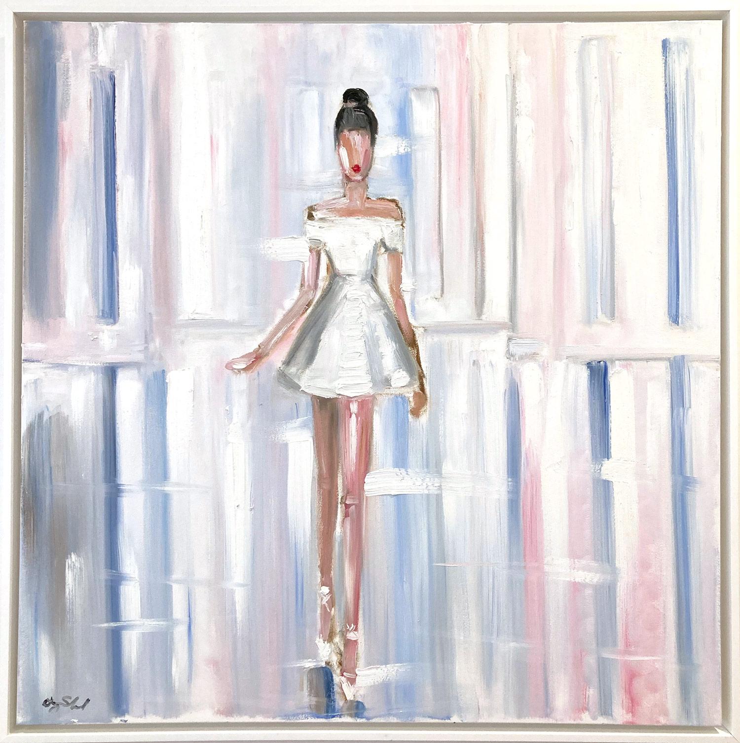 Figurative Painting de Cindy Shaoul - "Stepping Out in Paris" Figura vistiendo Chanel en París Pintura al óleo sobre lienzo