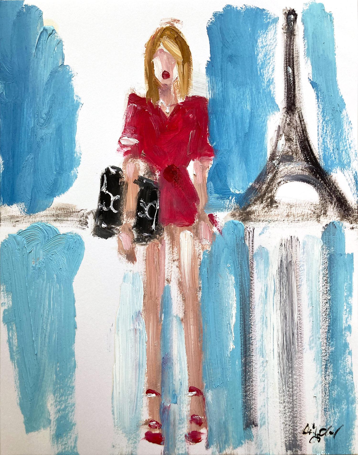 Cindy Shaoul Figurative Painting - "Stepping Out in Paris" Figure wearing Chanel in Paris Oil Painting on Paper 