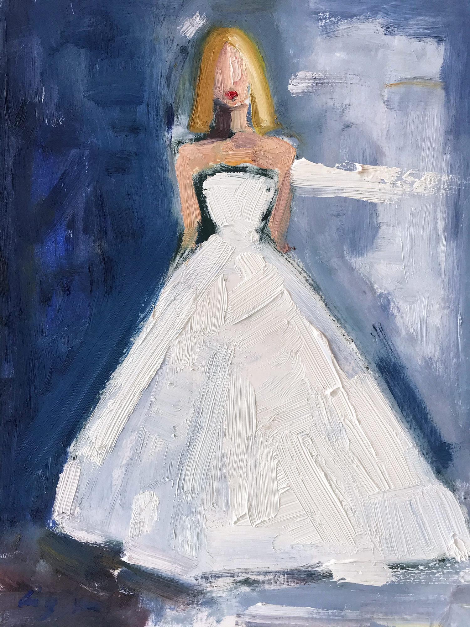 "Stepping Out in Paris" Figure wearing Chanel Wedding Dress Oil Painting Paper