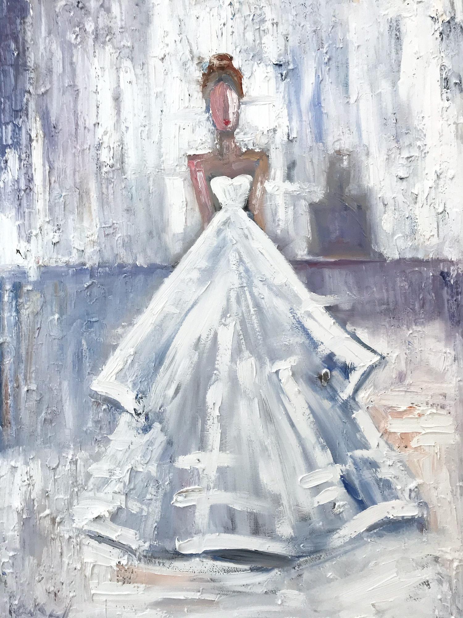 Cindy Shaoul Abstract Painting - "Stepping Out in Paris" Figure White Gown Haute Couture Oil Painting on Canvas