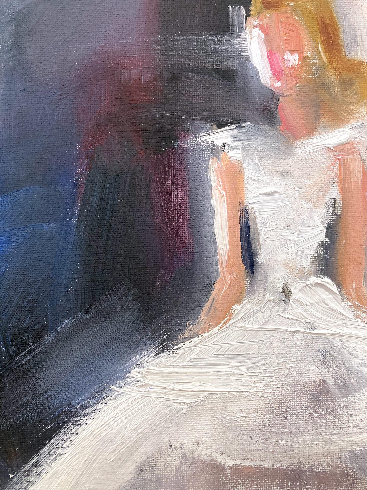 A very whimsical depiction of a woman stepping out in Paris. This piece captures the essence of fashion and Haute Couture. Done in a very modern and impressionistic style, the colors are bright yet subtle. Painted oil on canvas, signed lower