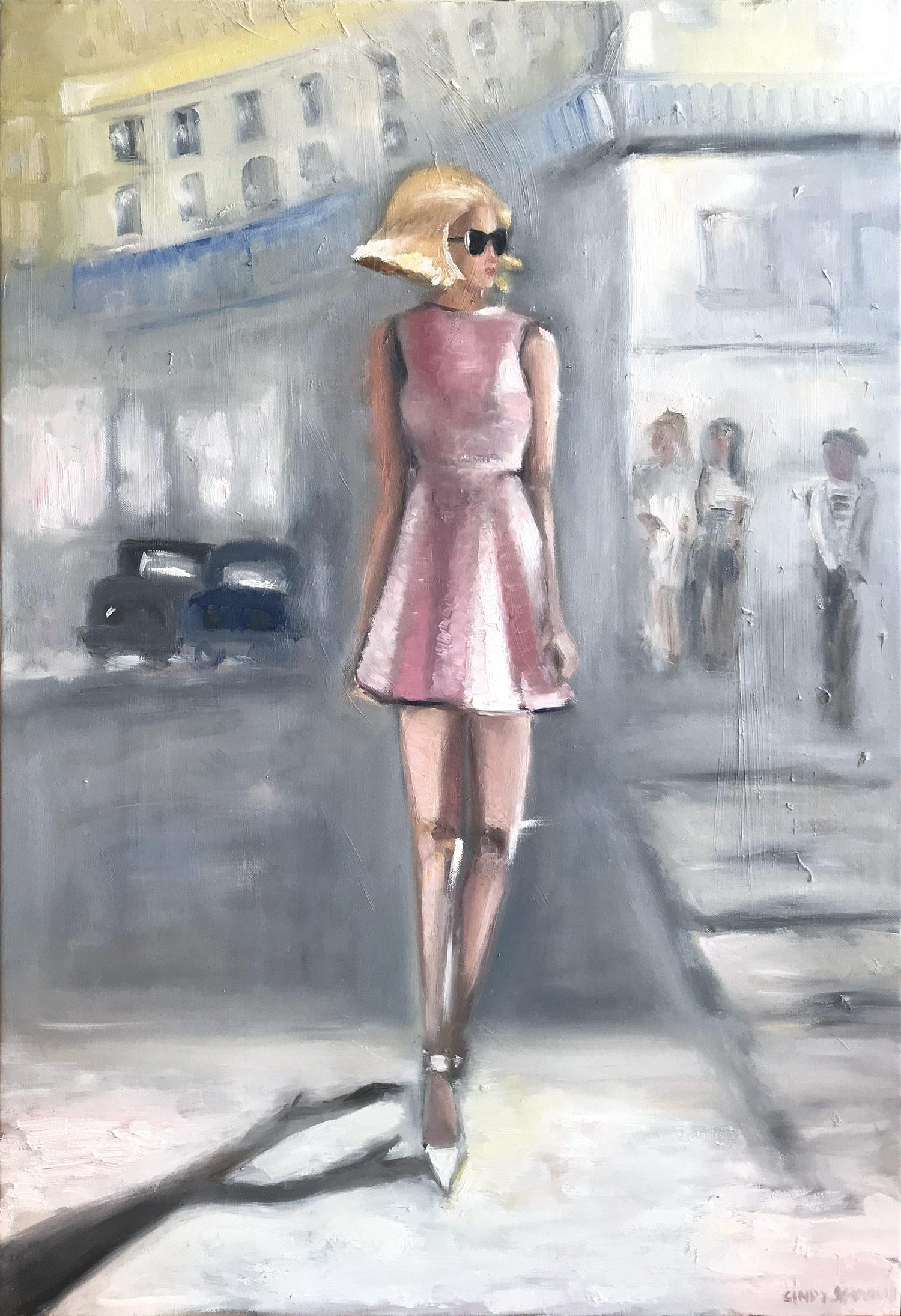 Figurative Painting Cindy Shaoul - "Stepping Out in Paris" Peinture à l'huile impressionniste sur toile - Femme en lunette de soleil