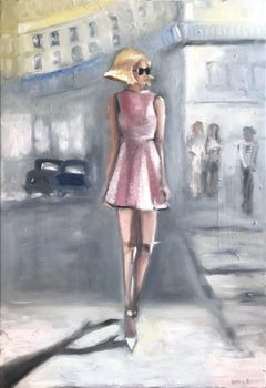 "Stepping Out in Paris" Peinture à l'huile impressionniste sur toile - Femme en lunette de soleil