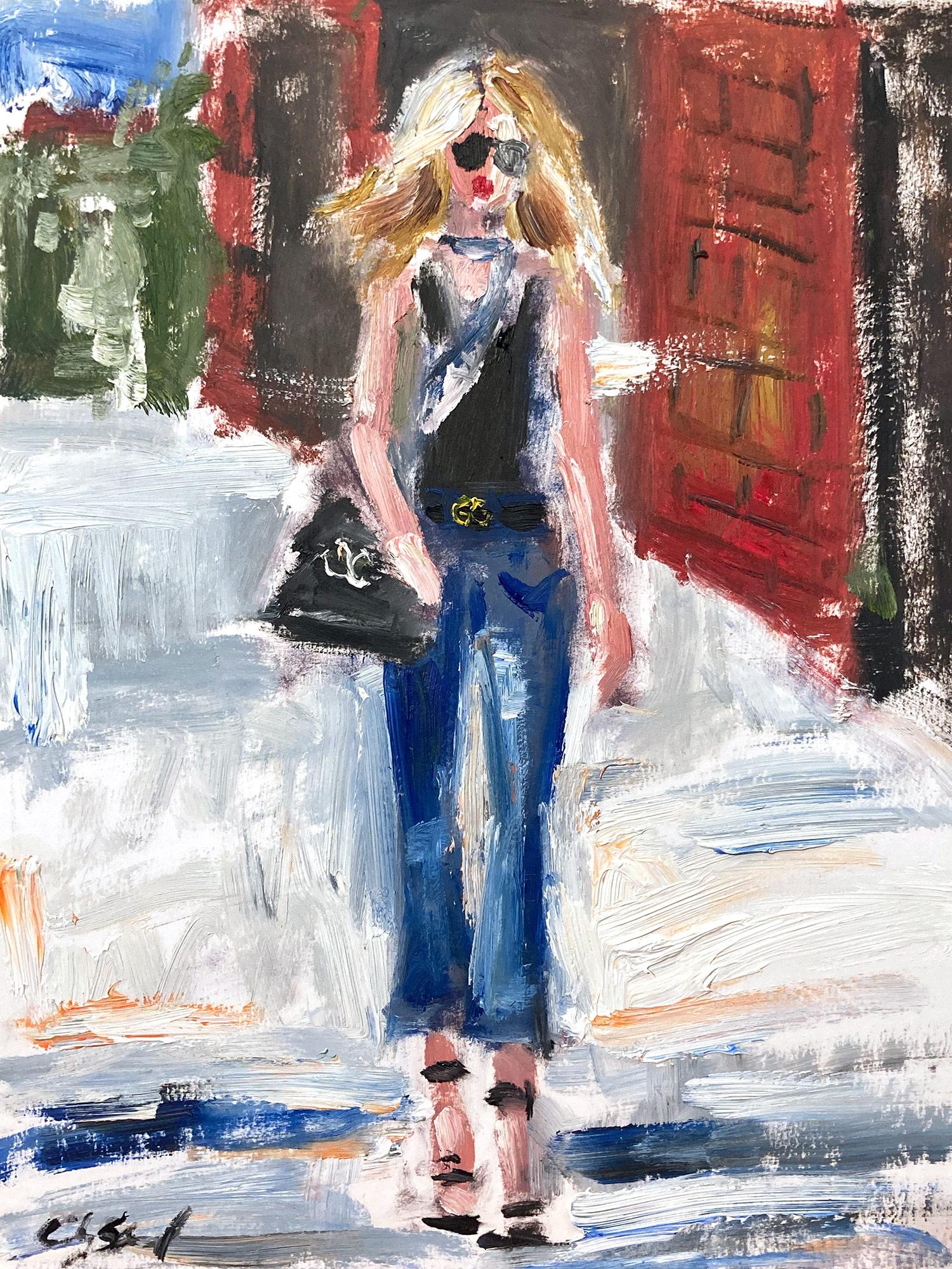 "Stepping Out in Soho" Figure in Jeans and Heals Fashion Oil Painting on Paper