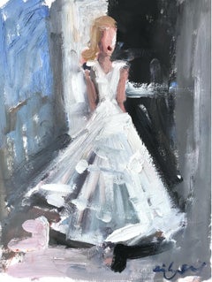 « Stepping Out In South of France » - Figure en robe de Chanel - Peinture à l'huile sur papier