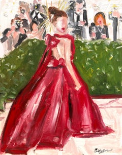 "Stepping Out - Met Gala Anne Hathaway" Pittura ad olio su carta di alta moda