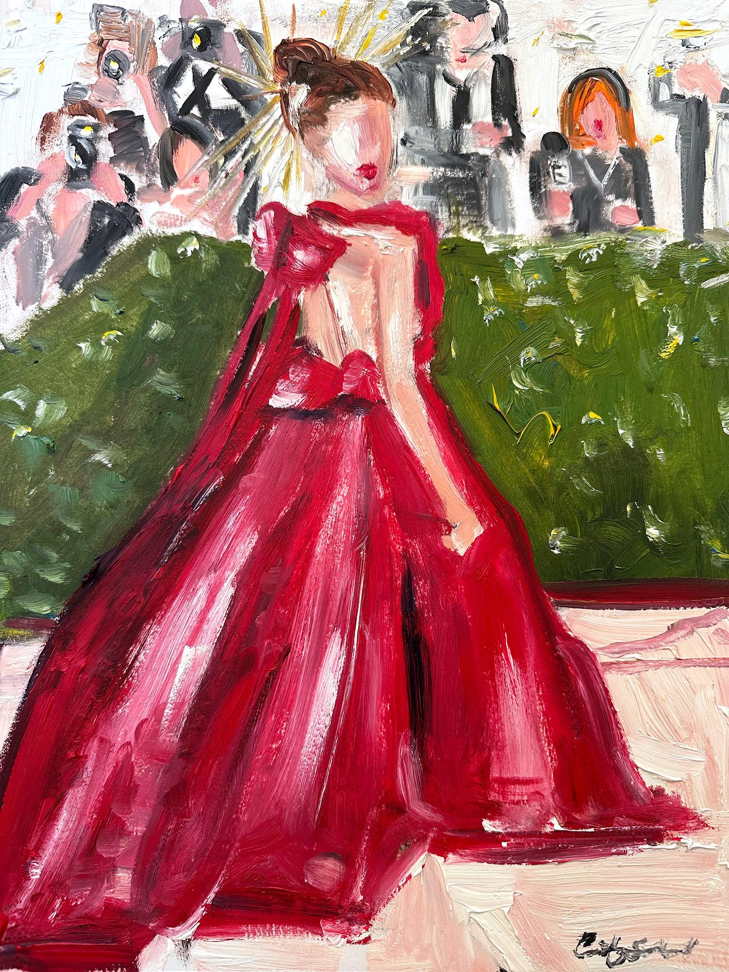 Cindy Shaoul Abstract Painting - "Stepping Out - Met Gala Anne Hathaway" Haute Couture Oil Painting on Paper