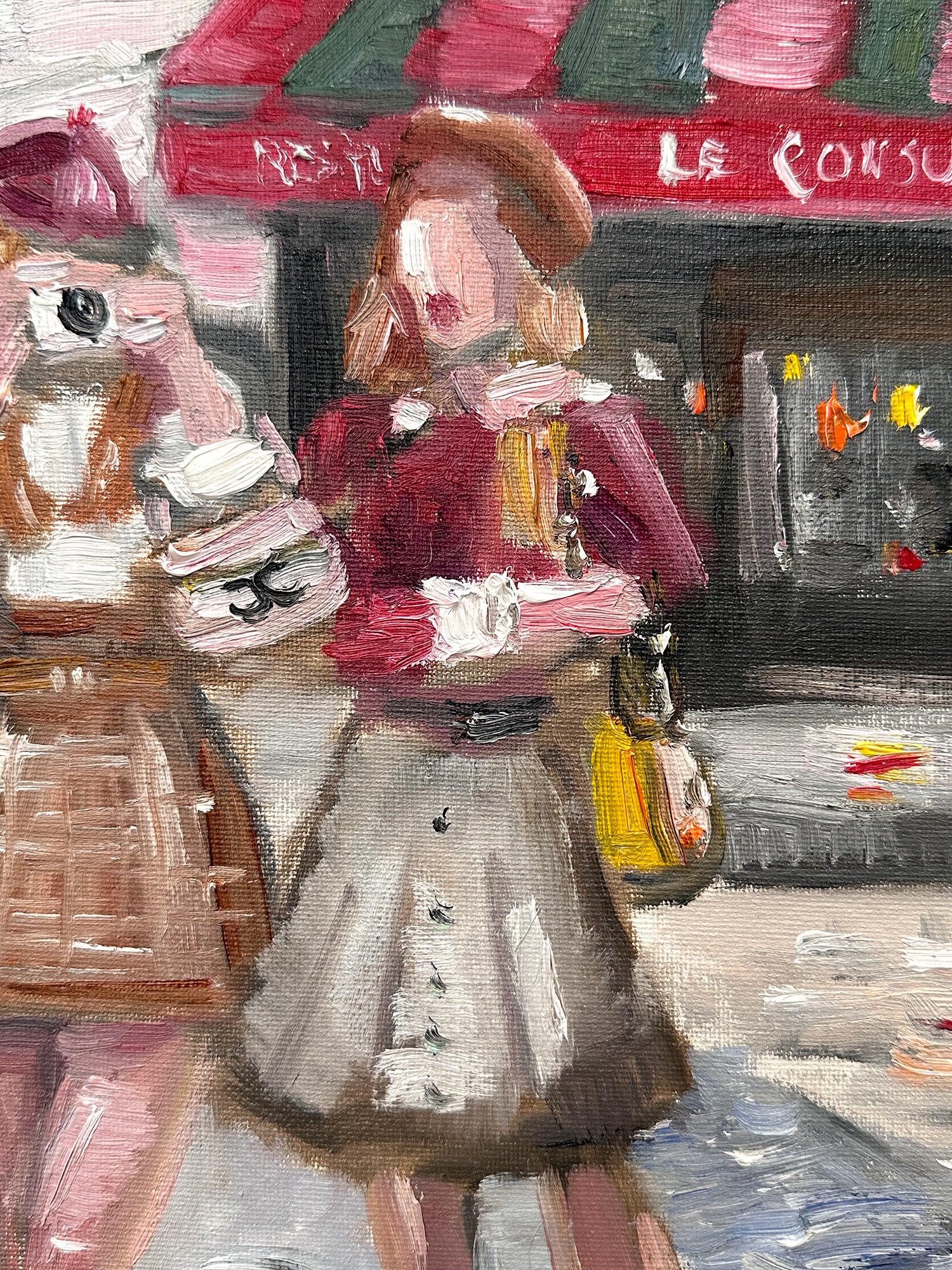 „Stepping Out - Paris“ Haute Couture-Figuren, Ölgemälde mit Chanel-Tasche (Amerikanischer Impressionismus), Painting, von Cindy Shaoul