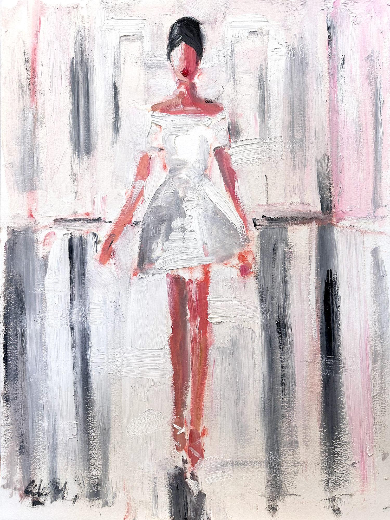 Peinture à l'huile sur papier « Stepping Out - Paris Runway » de Chanel Haute Couture