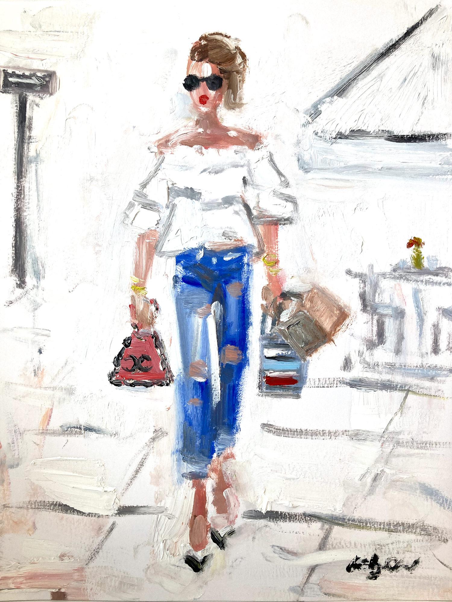 Cindy Shaoul Figurative Painting - "Stepping Out - Rodeo Drive" Chanel Haute Couture Colorful Oil Painting on Paper