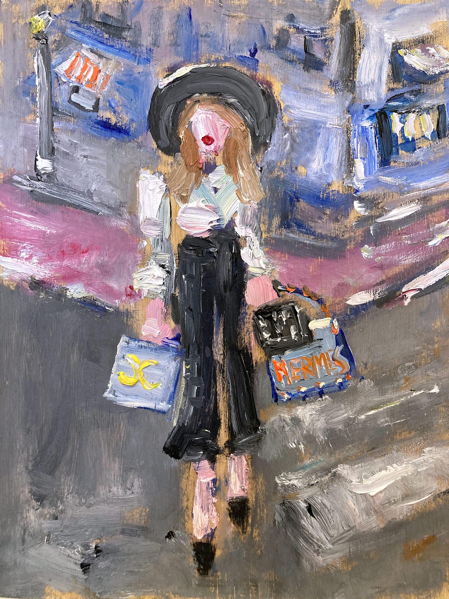 Cindy Shaoul Landscape Painting - "Stepping Out Rodeo Drive" Oil Painting of a Woman Shopping Chanel & Hermes