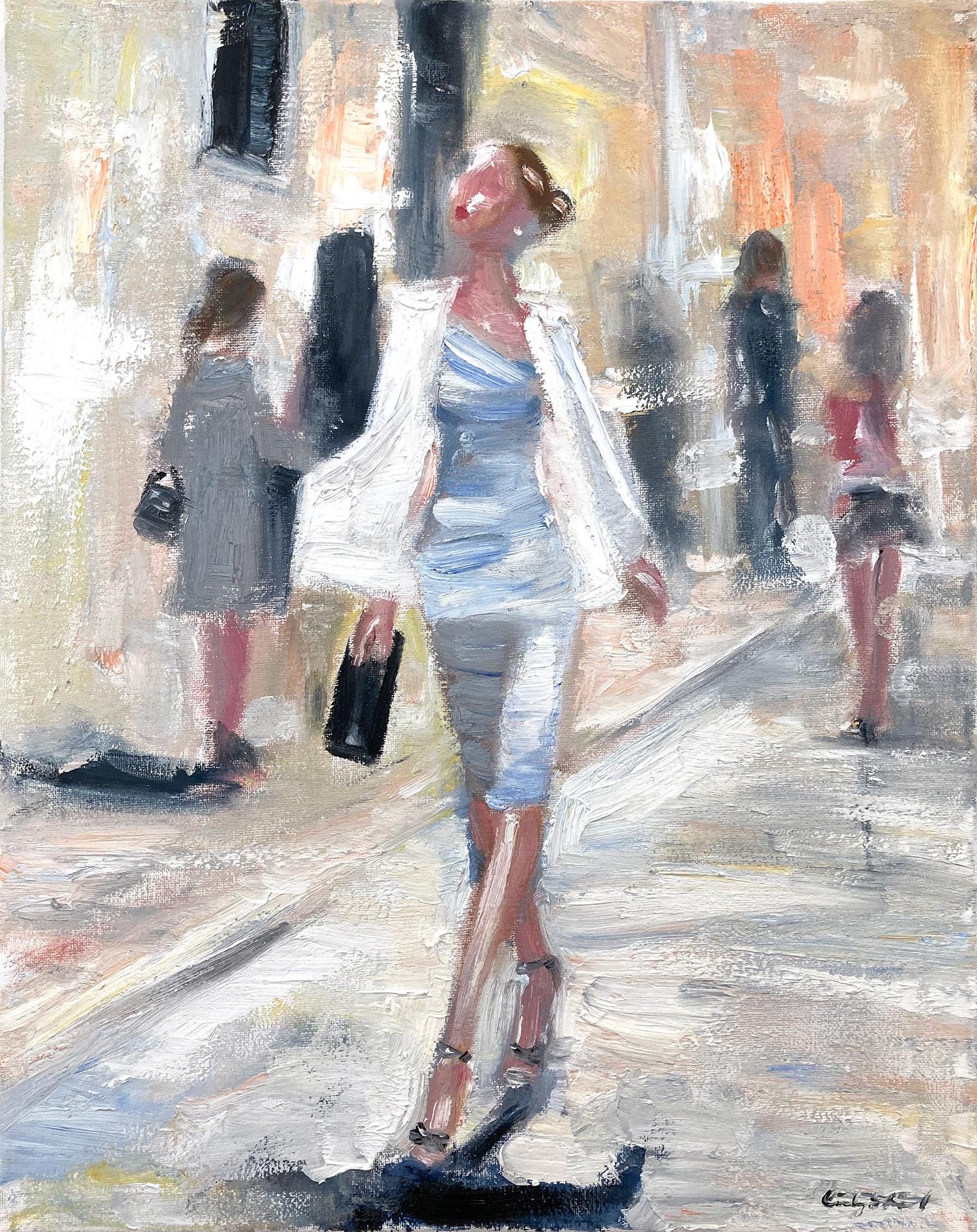 Cindy Shaoul Figurative Painting - "Stepping Out Sarah Jessica Parker" Impressionistic Painting of Sex & the City