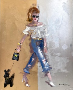 "Stepping Out - Plata y oro en Chanel" Figura impresionista Pintura al óleo Papel