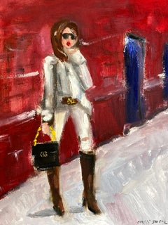 "Stepping Out - Soho" NYC Impressionist Figure in Gucci Oil Painting on Paper