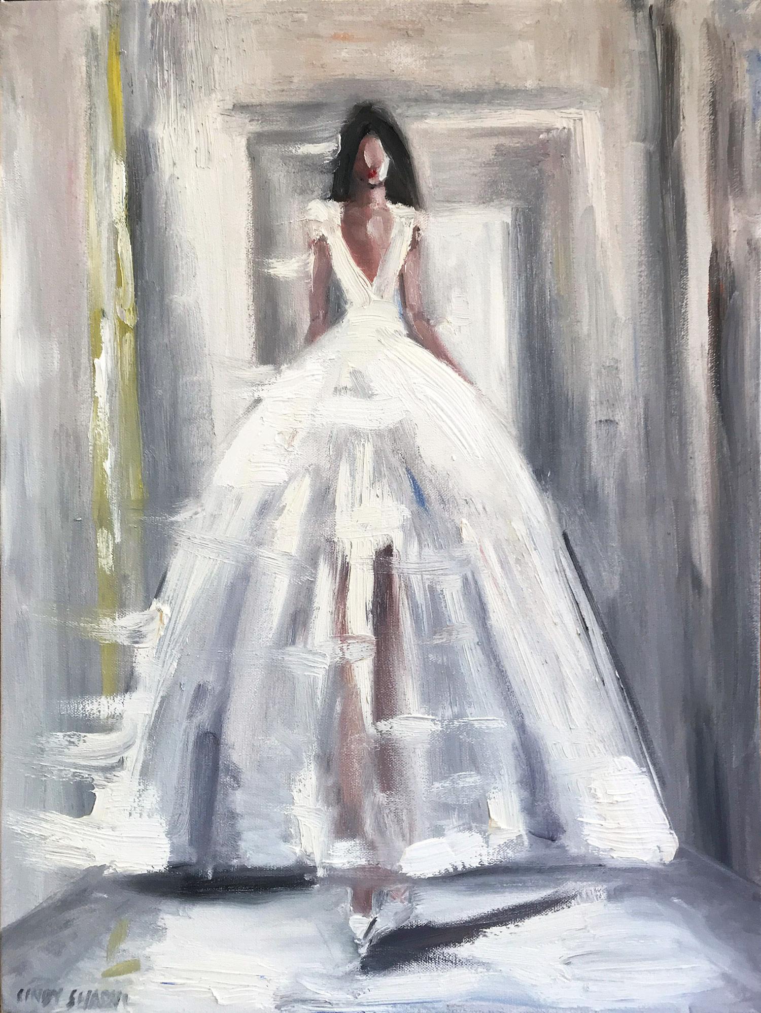 Cindy Shaoul Figurative Painting - "Stepping Out, South of France" Figure in Haute Couture Oil Painting on Canvas