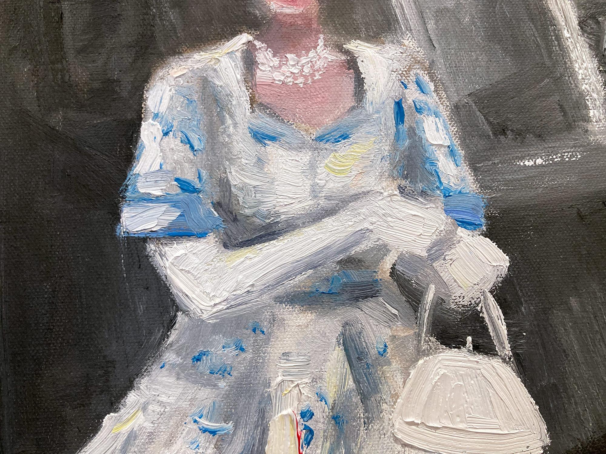 « Stepping Out w/ the Queen » - La reine Elizabeth dans les Rolls Royce de haute couture - Gris Figurative Painting par Cindy Shaoul