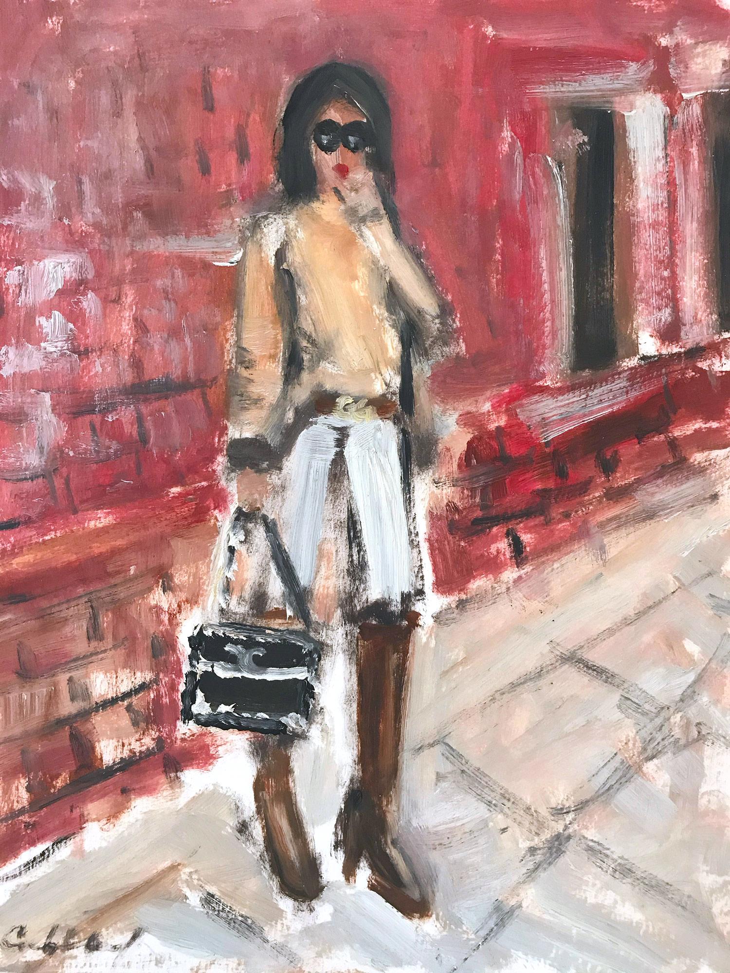 Cindy Shaoul Figurative Painting - "Stepping Out with Angie" Figure wearing Chanel in London Oil Painting on Paper 