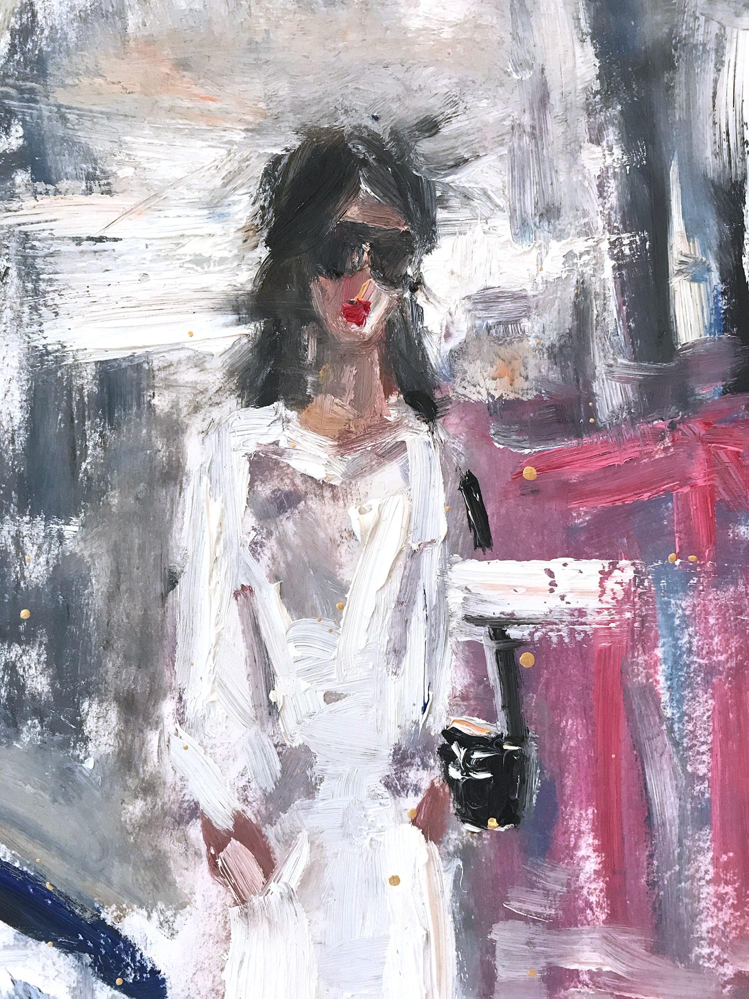 „Stepping Out with Ellen“ Figur, die Chanel in London, Ölgemälde auf Papier  – Painting von Cindy Shaoul