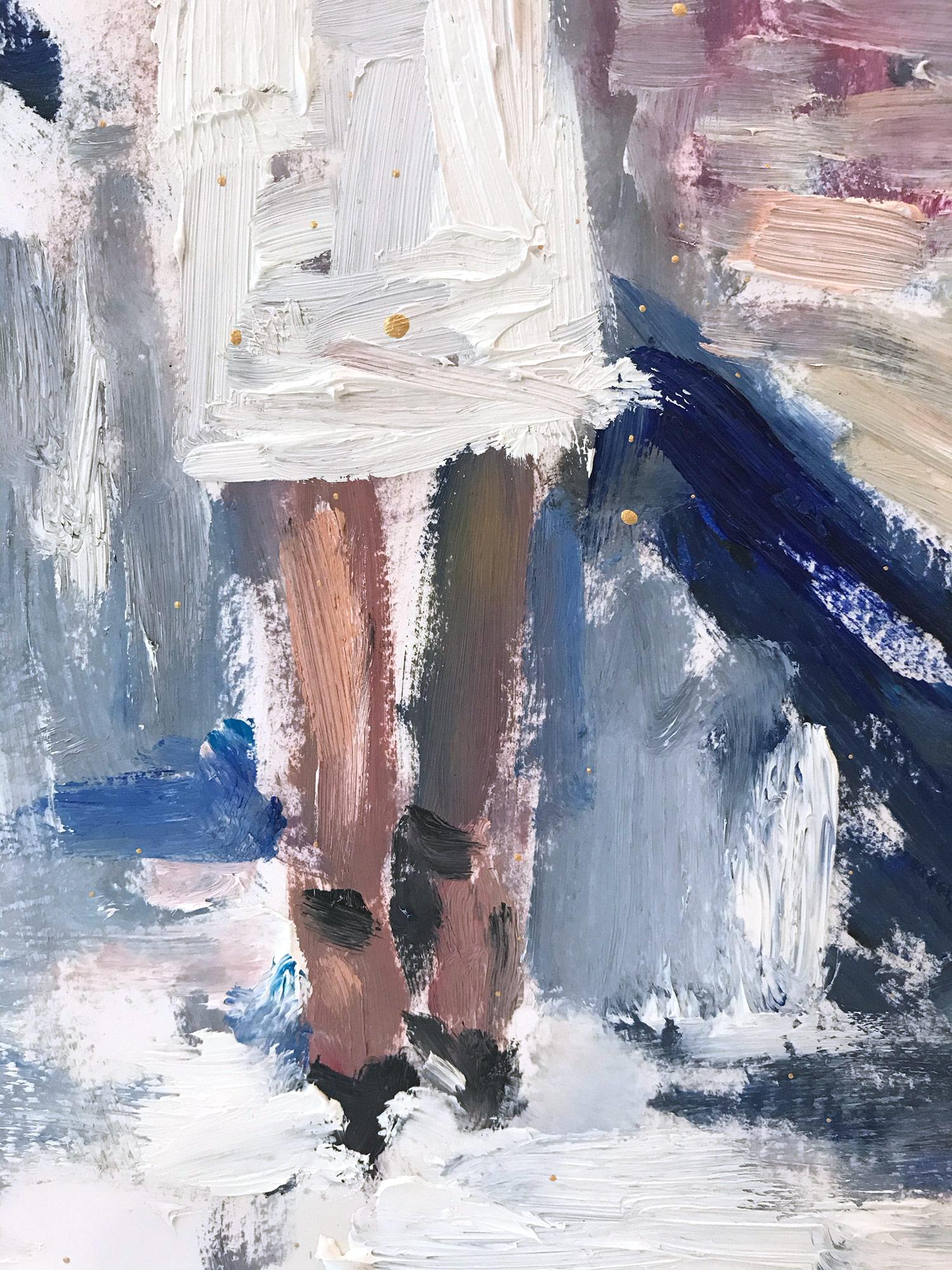„Stepping Out with Ellen“ Figur, die Chanel in London, Ölgemälde auf Papier  (Grau), Abstract Painting, von Cindy Shaoul