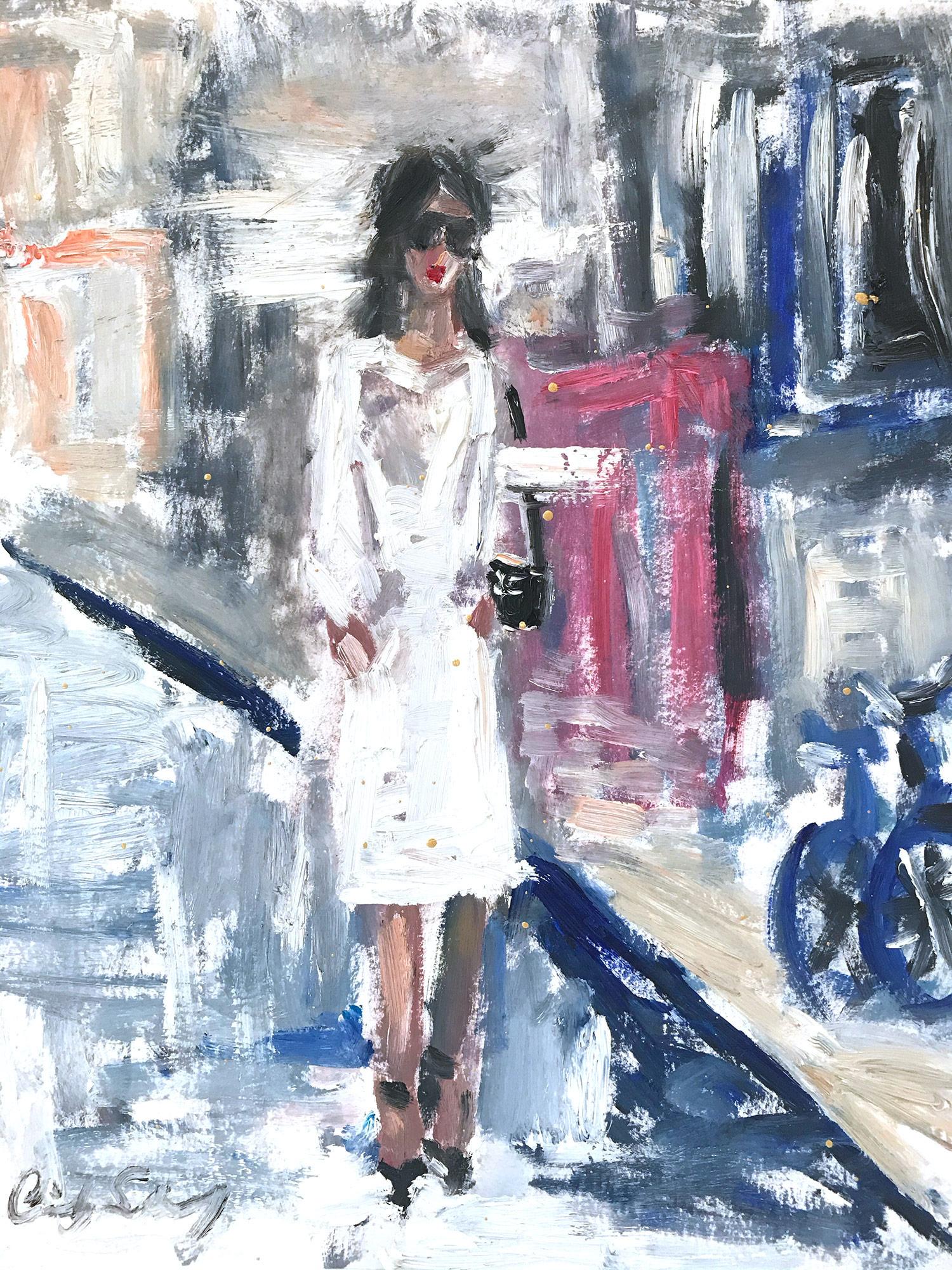 "Stepping Out with Ellen" Figure wearing Chanel in London Oil Painting on Paper 