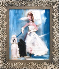 "Stepping Out with Frenchies" Impressionistic Oil Painting of a Woman and 2 Dogs