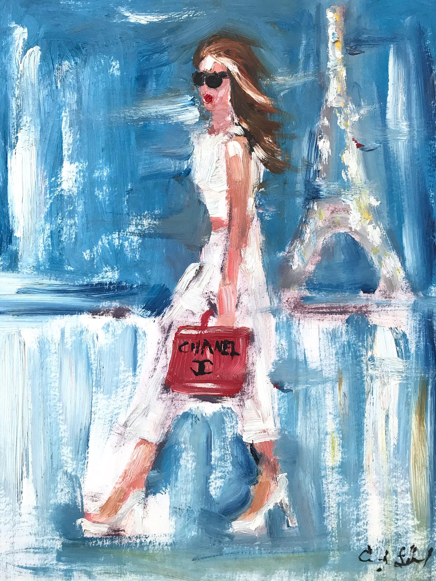 Cindy Shaoul Abstract Painting - "Stepping Out with Lily" Figure wearing Chanel in Paris Oil Painting on Paper 