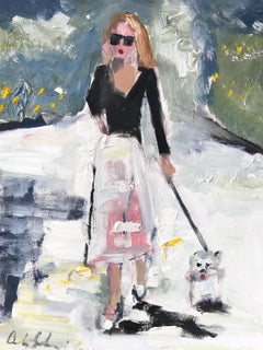 "Stepping Out With Olivia" Figure walking Dog in Chanel NYC Oil Painting Paper