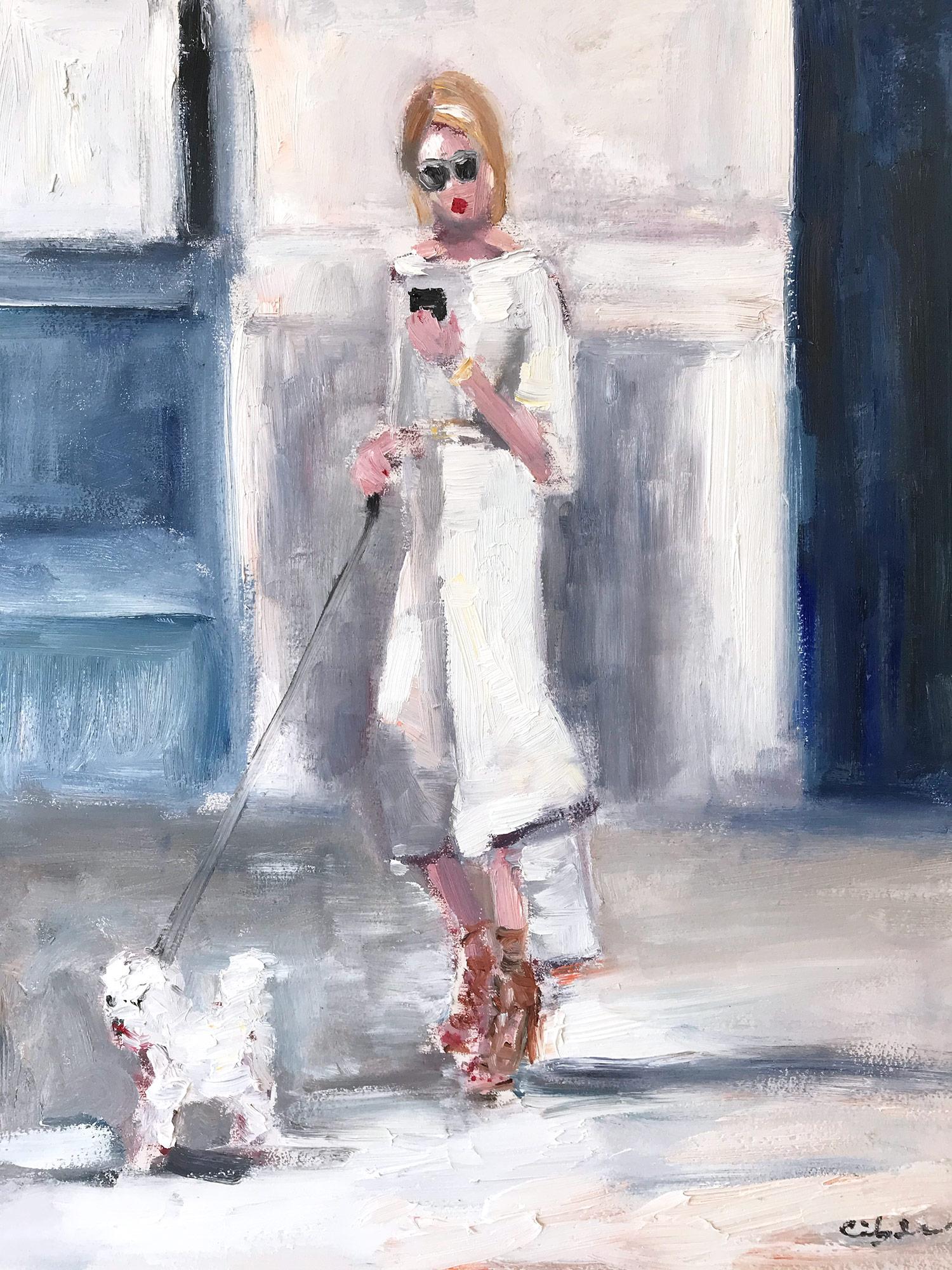 „Stepping Out with Olivia“ NYC Mode Impressionistisches Ölgemälde mit Hund, NYC