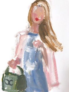 "Stepping Out with Olivia" Oil Painting on Paper Figure in Chanel Haute Couture