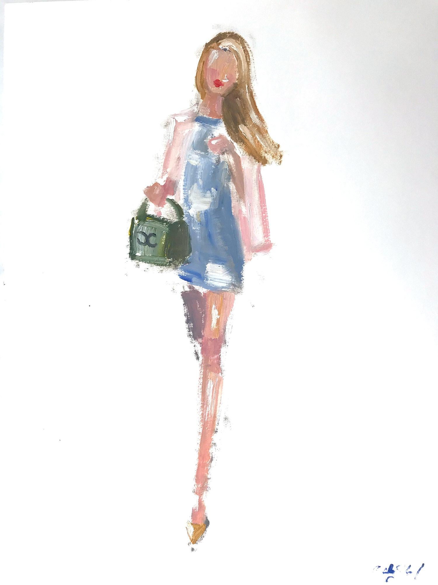 Cindy Shaoul Figurative Painting - "Stepping Out with Olivia" Oil Painting on Paper Figure in Chanel Haute Couture
