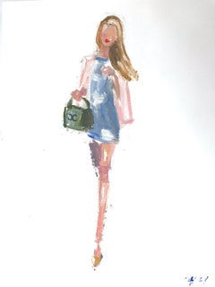 "Uscire con Olivia" Pittura a olio su carta Figura in Chanel Haute Couture