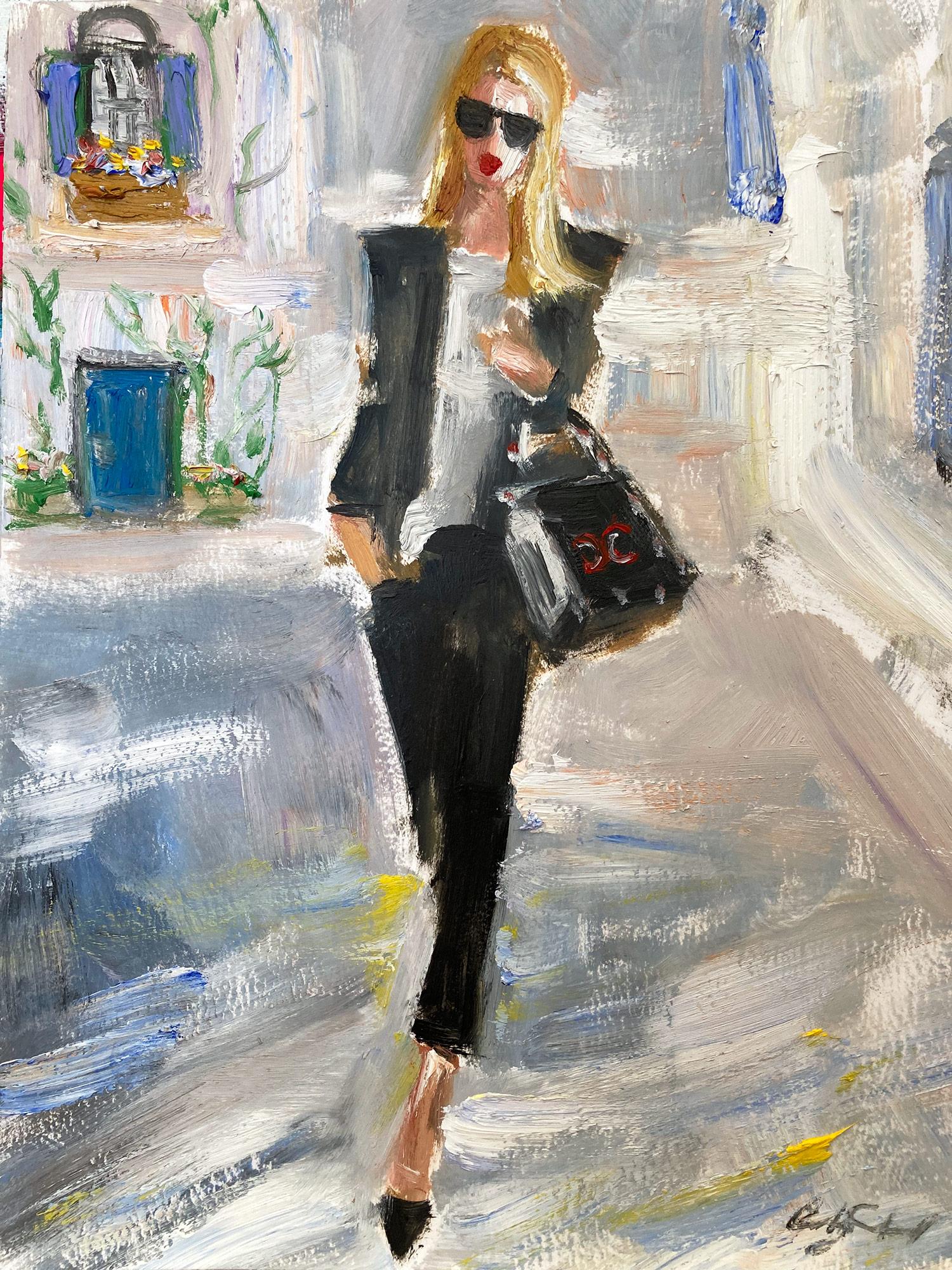 "Stepping Out with Olivia" Parisian Figure in Chanel Oil Painting on Paper 