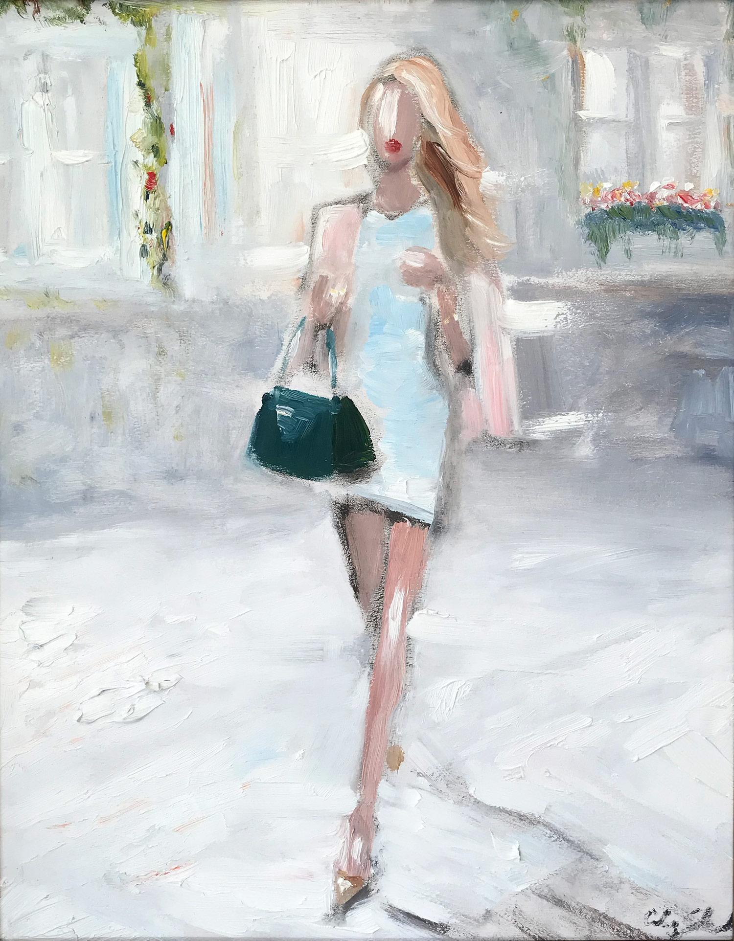 Impressionistisches Ölgemälde „Stepping Out with Rosie in Paris“, Modell in Chanel – Painting von Cindy Shaoul