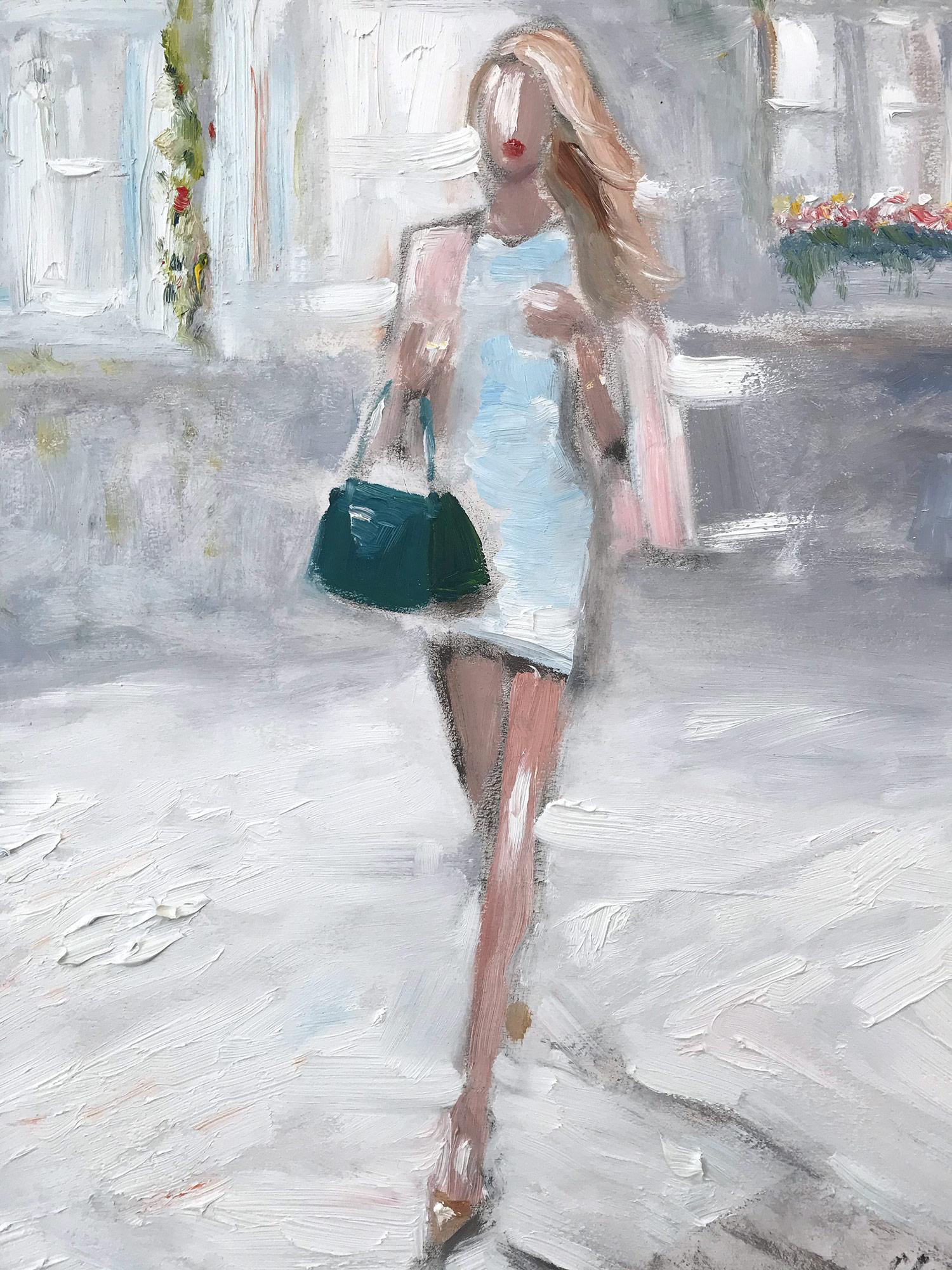 Impressionistisches Ölgemälde „Stepping Out with Rosie in Paris“, Modell in Chanel (Impressionismus), Painting, von Cindy Shaoul