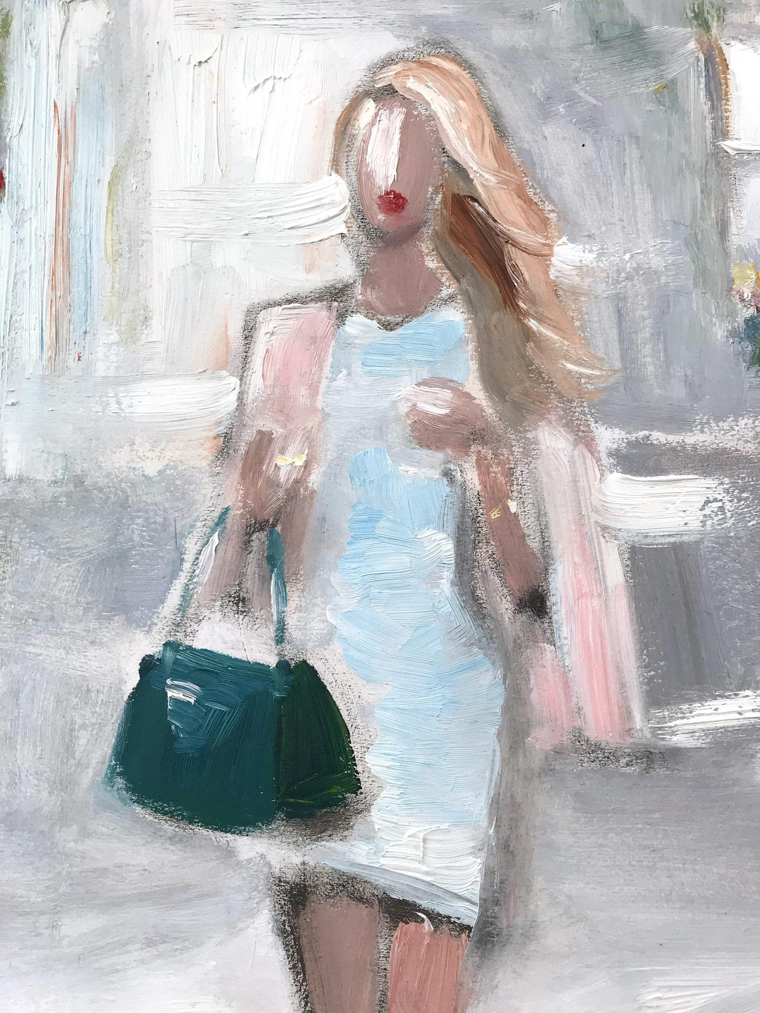 Impressionistisches Ölgemälde „Stepping Out with Rosie in Paris“, Modell in Chanel (Grau), Figurative Painting, von Cindy Shaoul