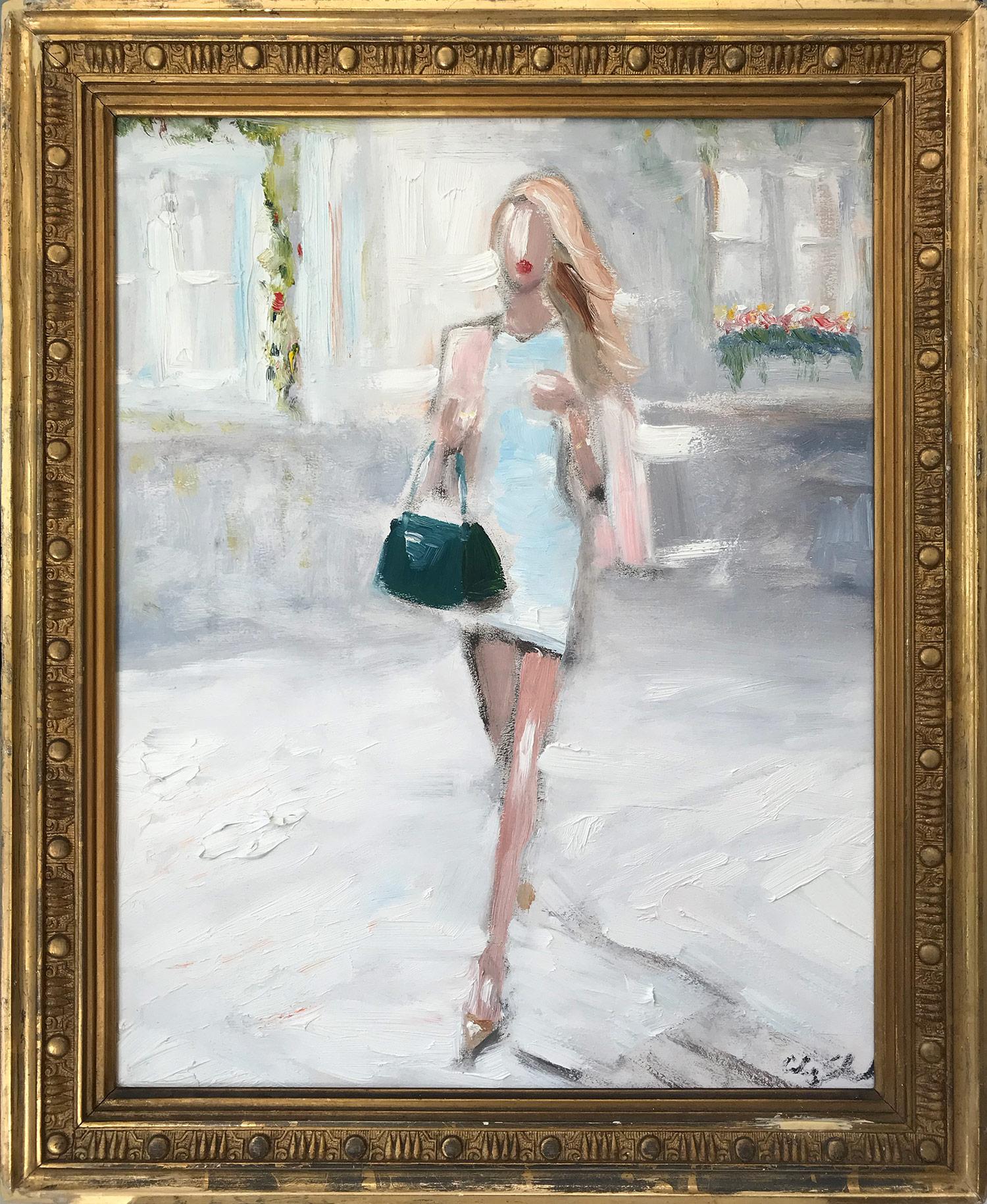 Cindy Shaoul Figurative Painting - "Stepping Out with Rosie in Paris" Impressionistic Oil Painting Model in Chanel