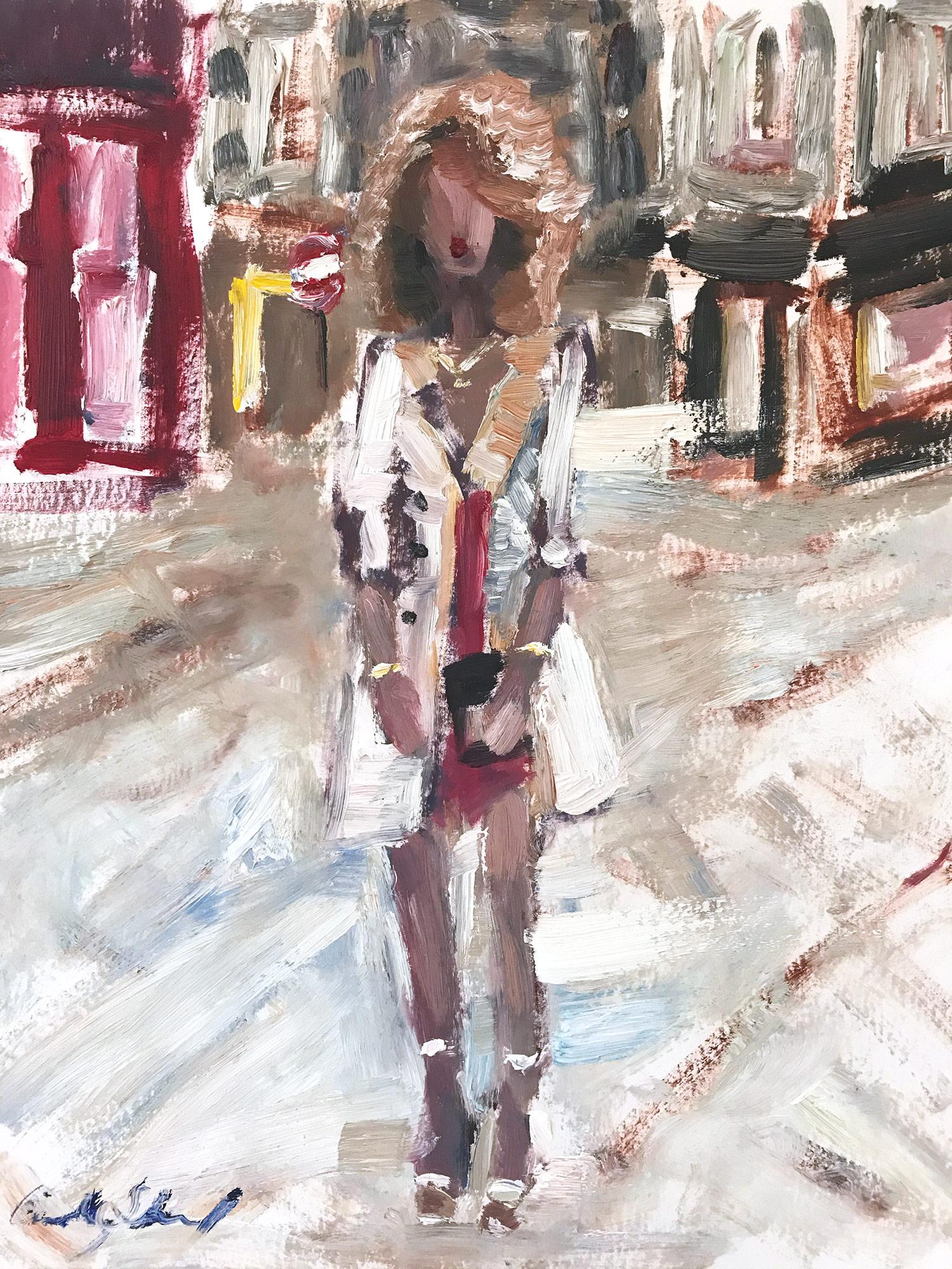 "Stepping Out with Sammy" Figure wearing Chanel in London Oil Painting on Paper 