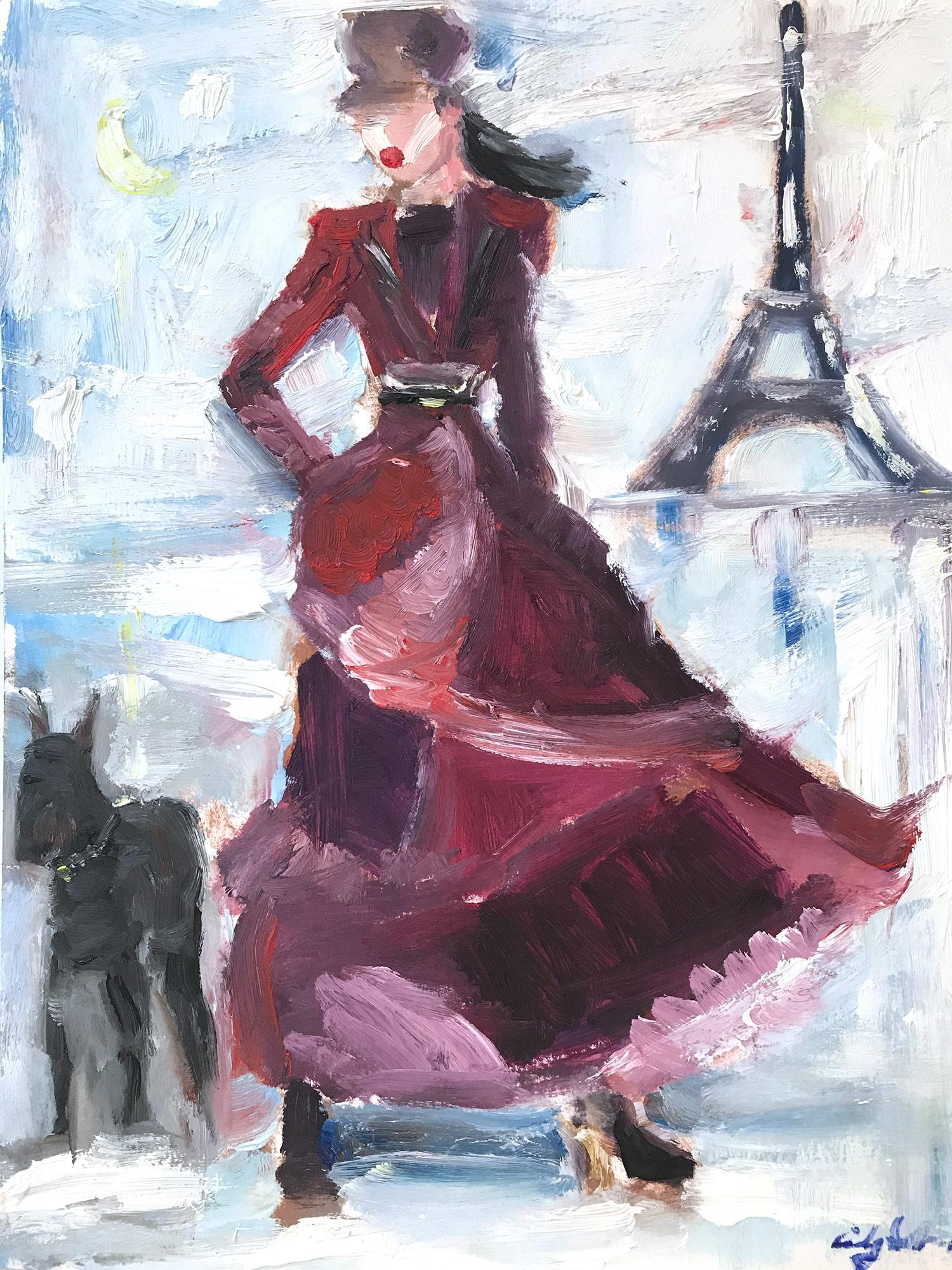 "Stepping Out with Spike the Dog" Paris Figure in Chanel Oil Paint on Paper