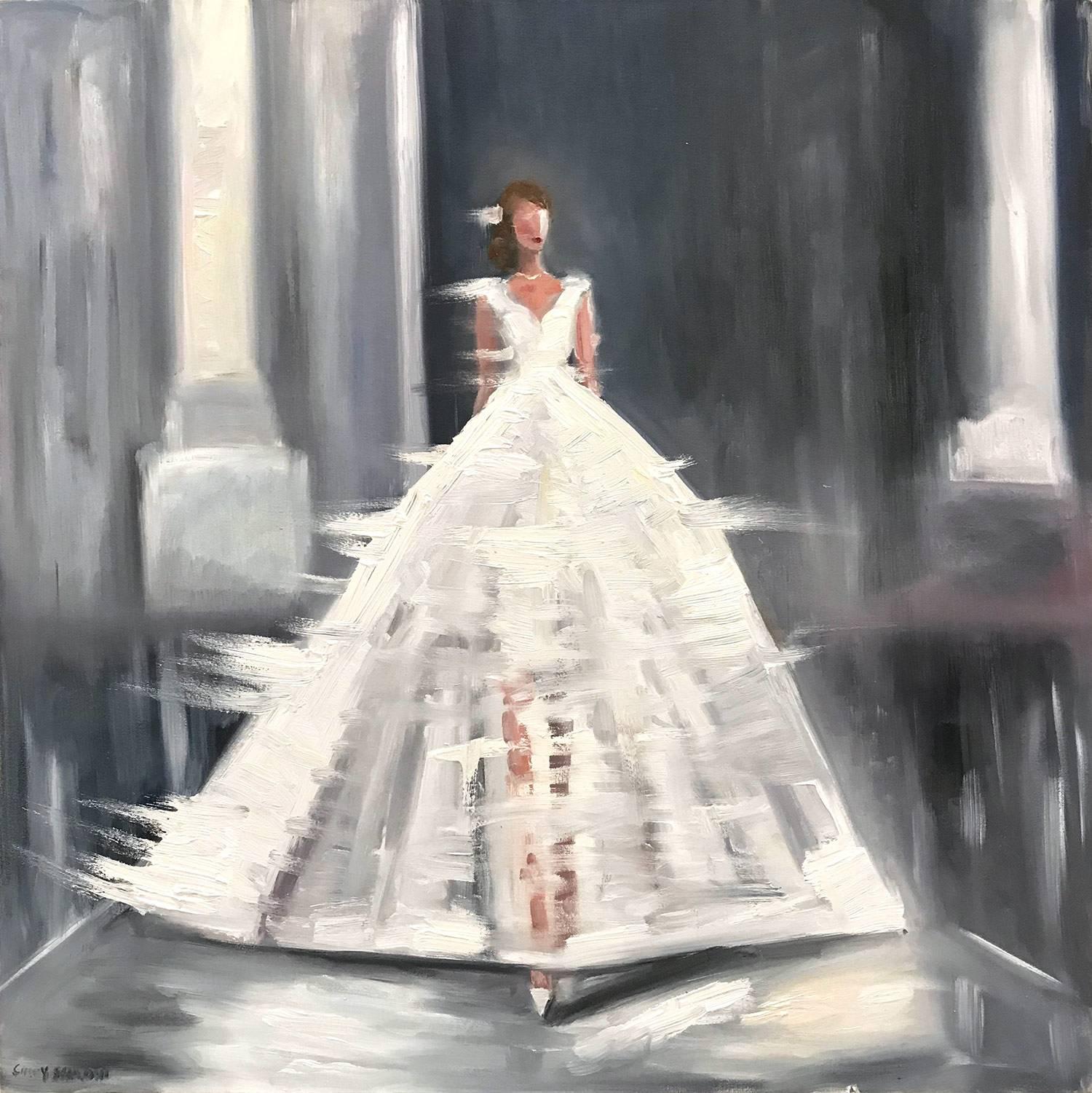 Cindy Shaoul Figurative Painting - "Stepping Out - Mykonos" Impressionistic Oil Painting of Woman in Haute Couture 