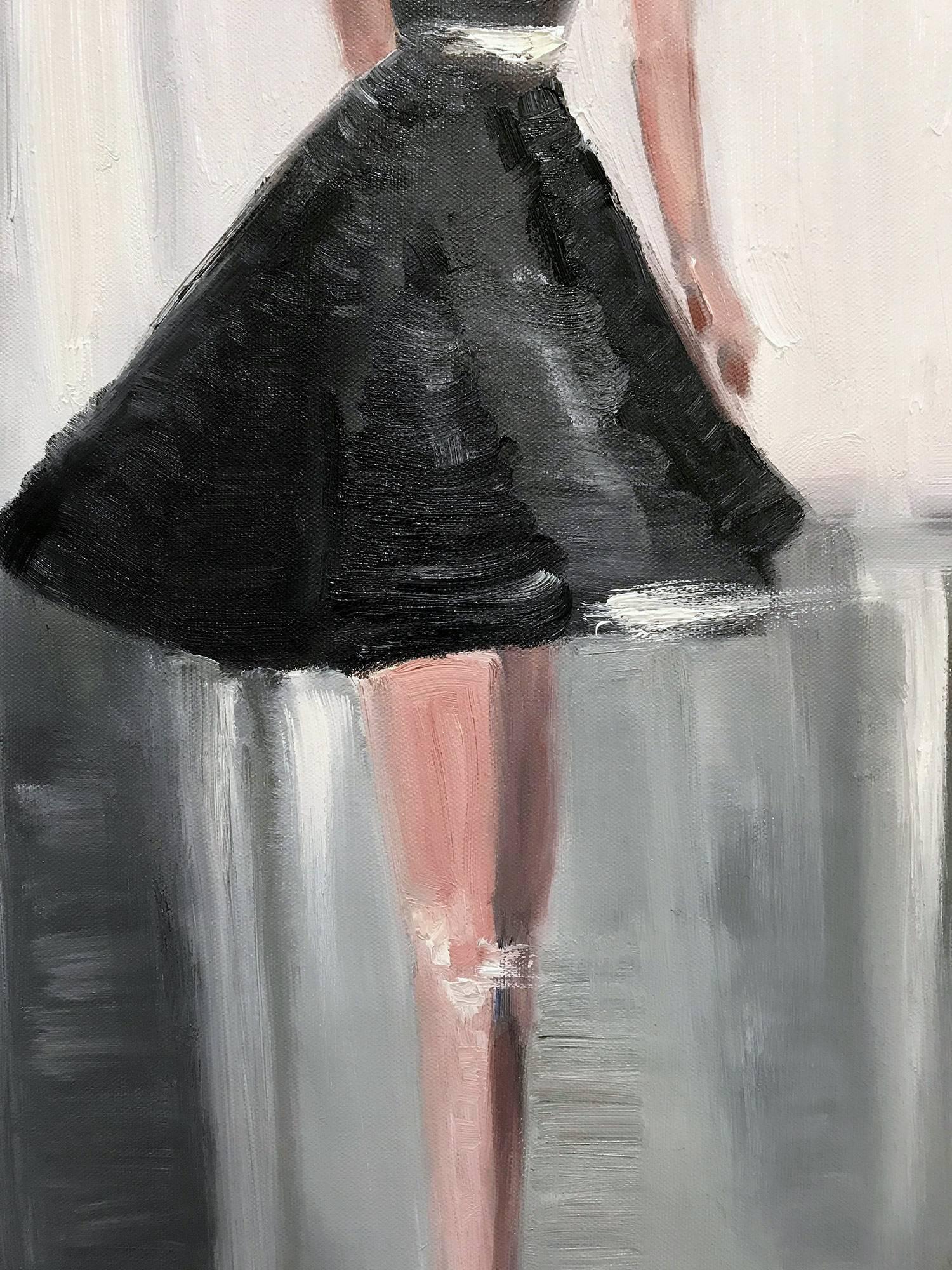 A very whimsical depiction of a woman stepping out in her little black dress on the runway in France. This piece captures the essence of fashion in Pairs. Done in a very modern and impressionistic style, the colors are bright yet subtle. Painted oil