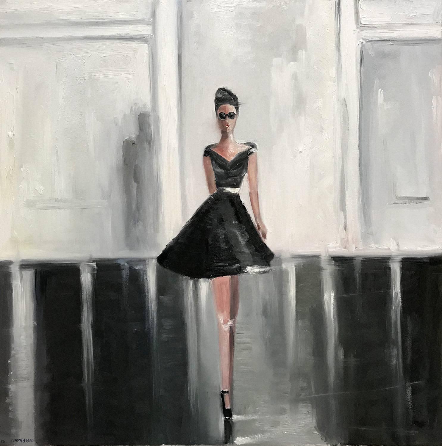 Cindy Shaoul Figurative Painting - "Stepping Out, Runway" Figure wearing Chanel in Paris Oil on Canvas Painting