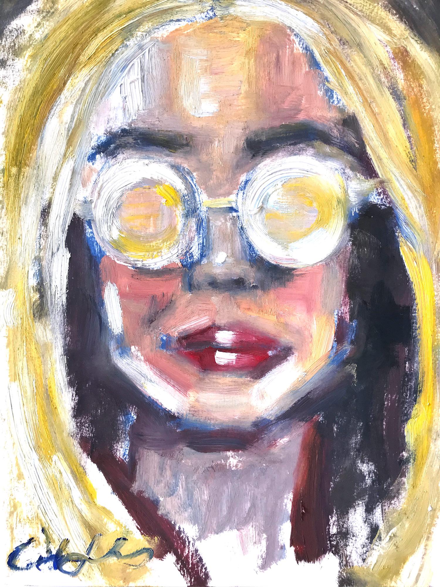Figurative Painting Cindy Shaoul - "Summer Mood" Portrait d'une jeune fille avec des lunettes de soleil Peinture à l'huile sur papier