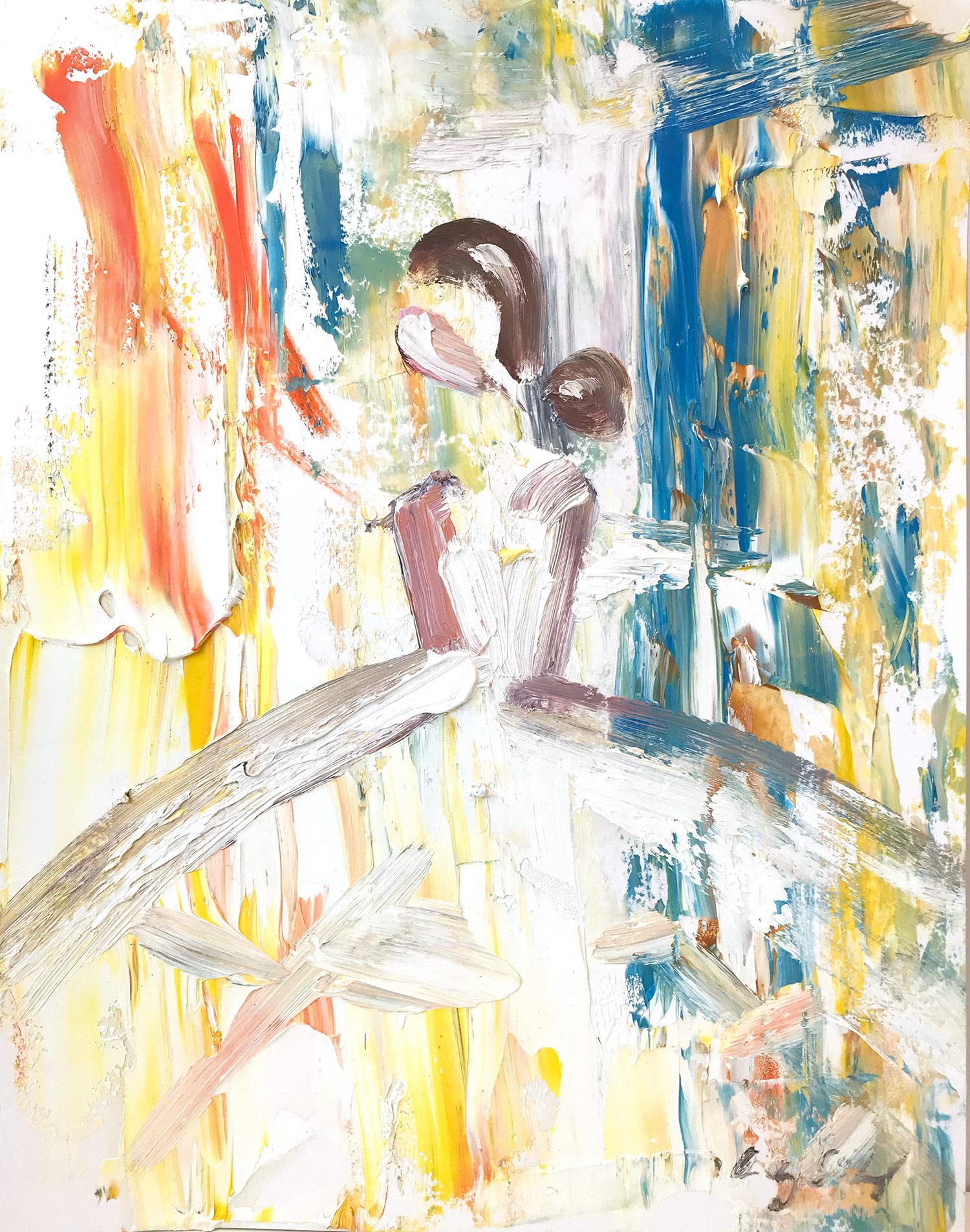 Cindy Shaoul Abstract Painting - "Summer in Paris" Figure in Chanel Gown Haute Couture Oil Painting on Paper