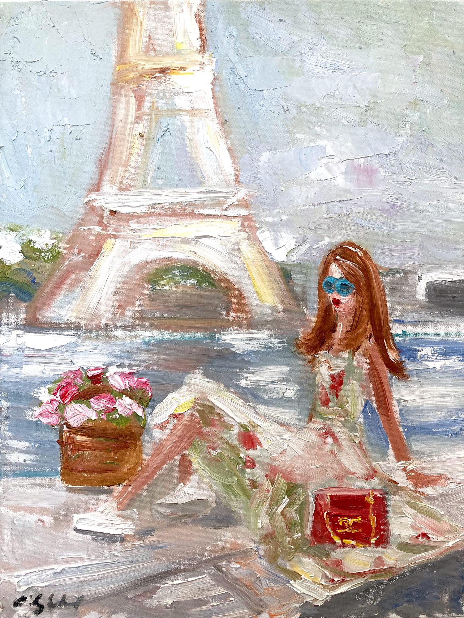 Cindy Shaoul Figurative Painting - "Sunbathing by the Eiffel Tower" Figure wearing Chanel Oil Painting on Canvas