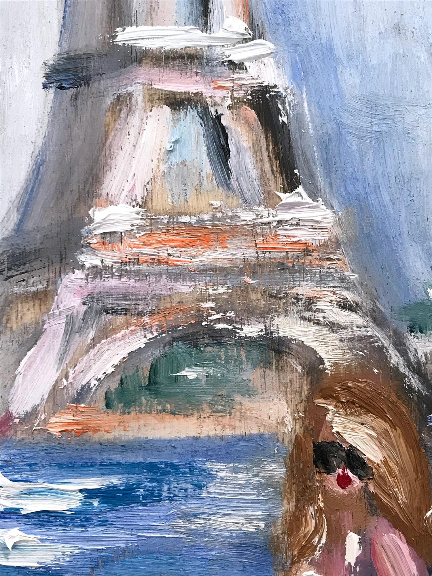 This painting depicts an impressionistic Plein Air scene of a young woman by the Eiffel Tower Sunbathing. The thick brush strokes and fun marks creates an atmosphere reminiscent of the impressionists from the 20th Century. She soaks up the sun in a